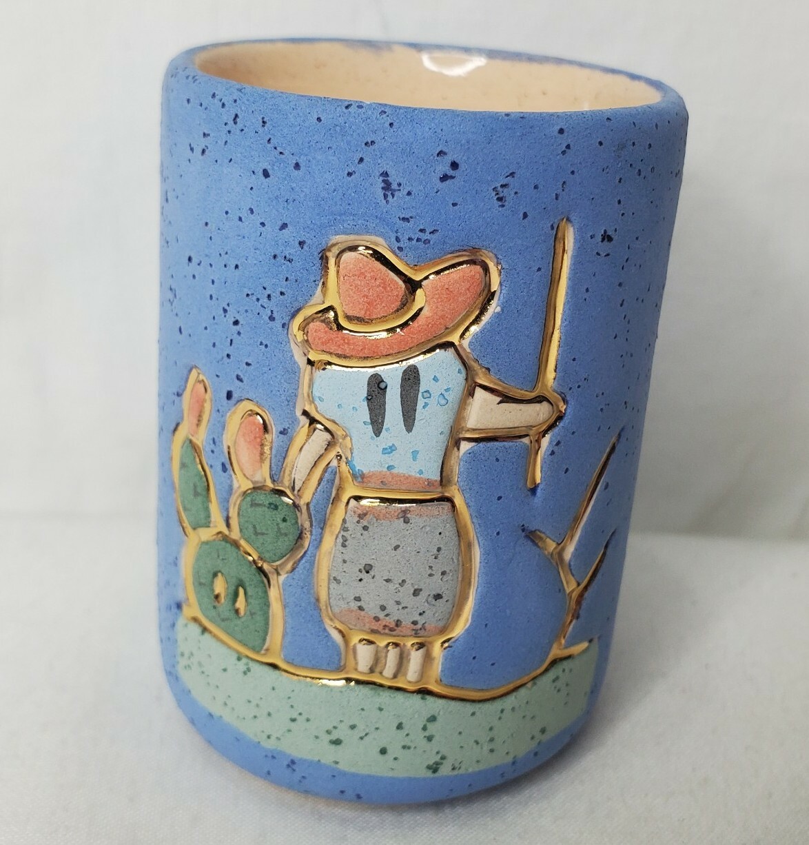 Art Pottery Bud Vase Cactus Desert Gardener Blue Green Stoneware Gold Accents