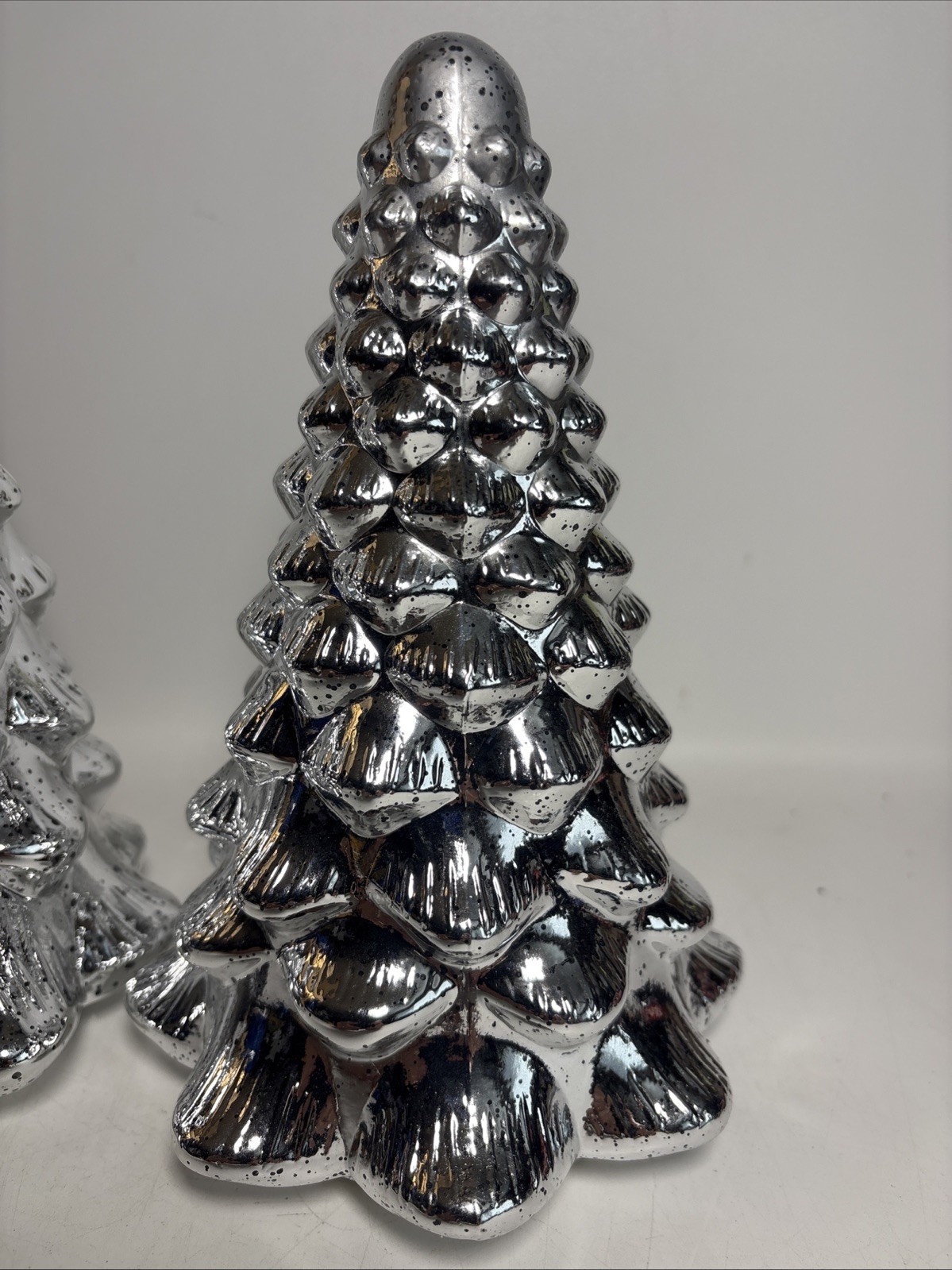 Silver Mercury Glass Christmas Trees Lighted Set of 2 Battery Operated 9″ 8″