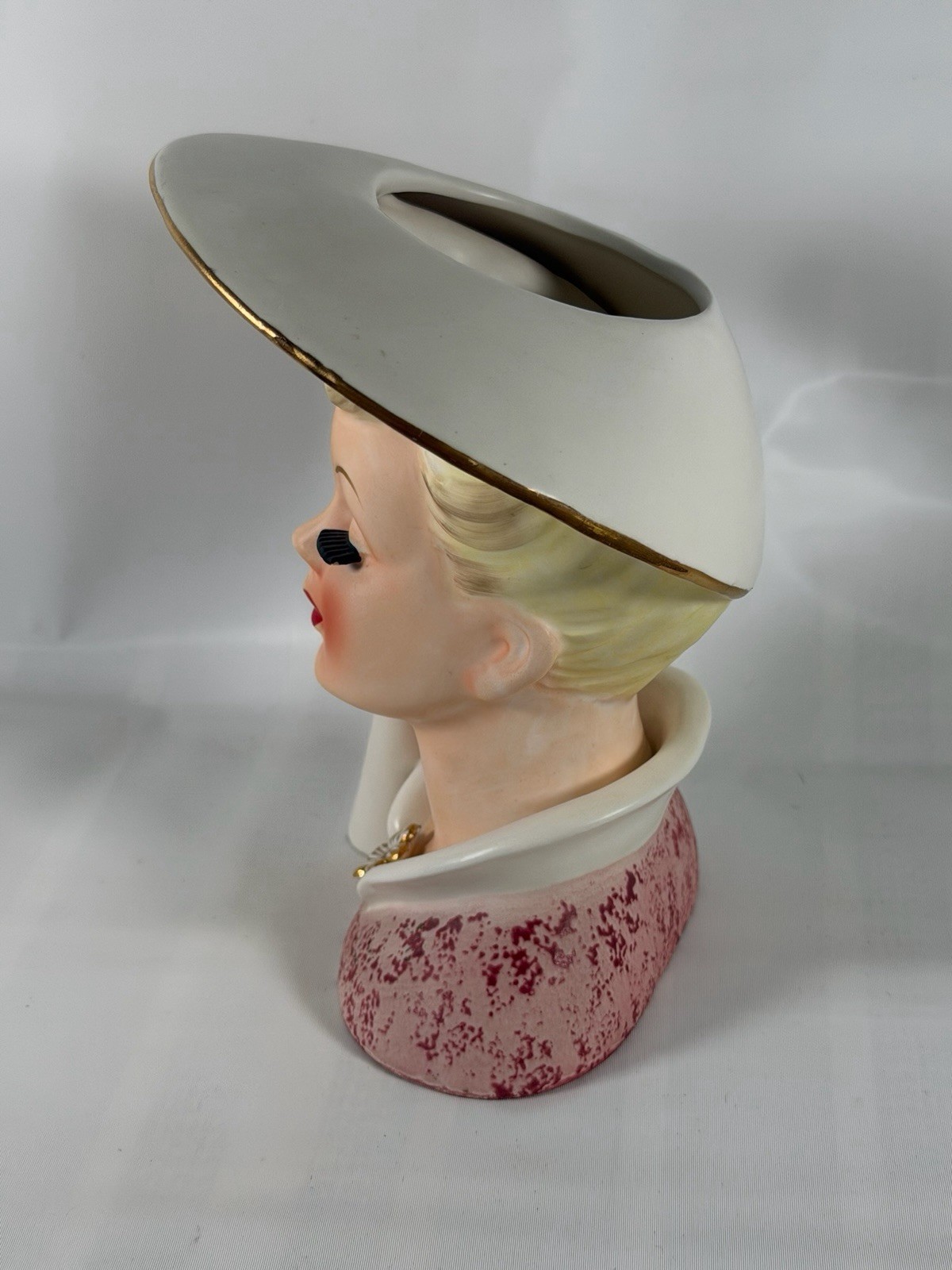 Vtg Lady Head Vase Blonde with Hat and Dress Gloves Pink Coat Almost 6 1/2″ Tall