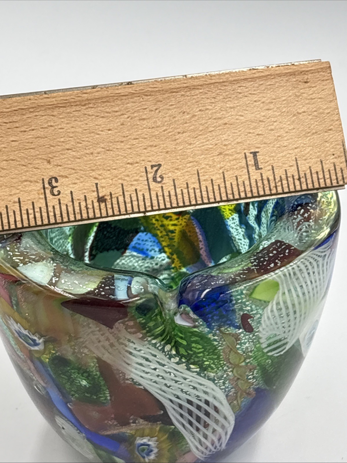 Murano Glass Small Vase “Tutti Frutti” Dino Martens 3-1/4” T. Triangular As Is