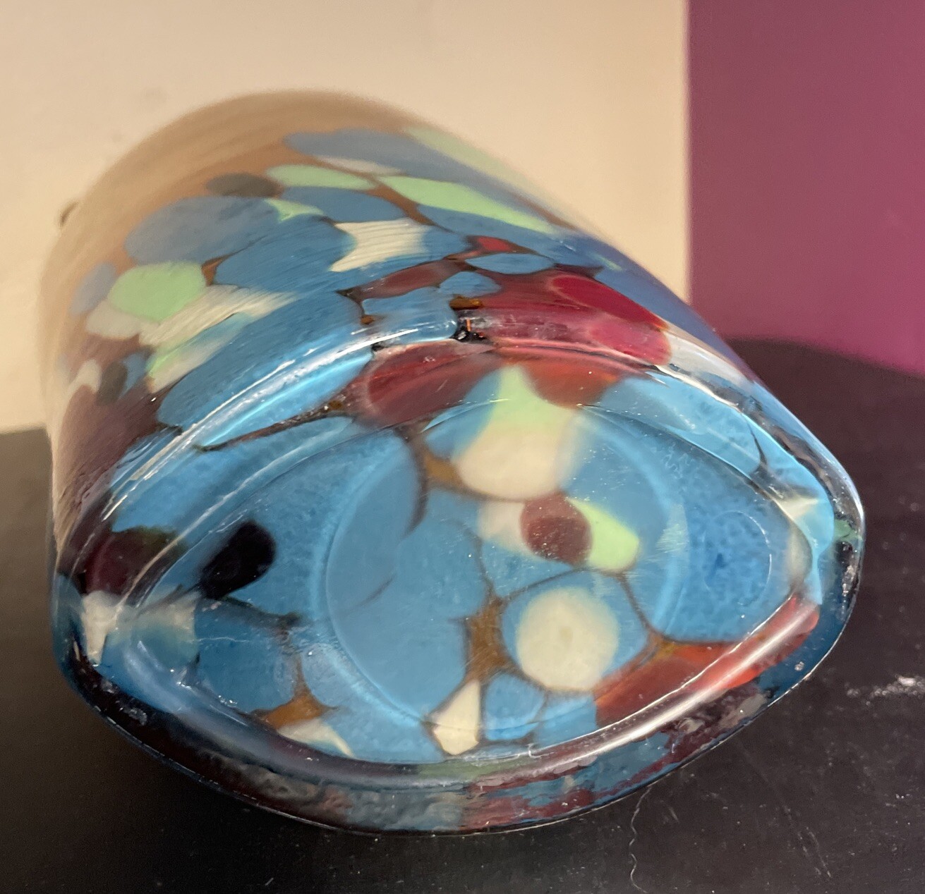 11.5” Art Glass Vase Hand Made Double Handled Multi Colored Base