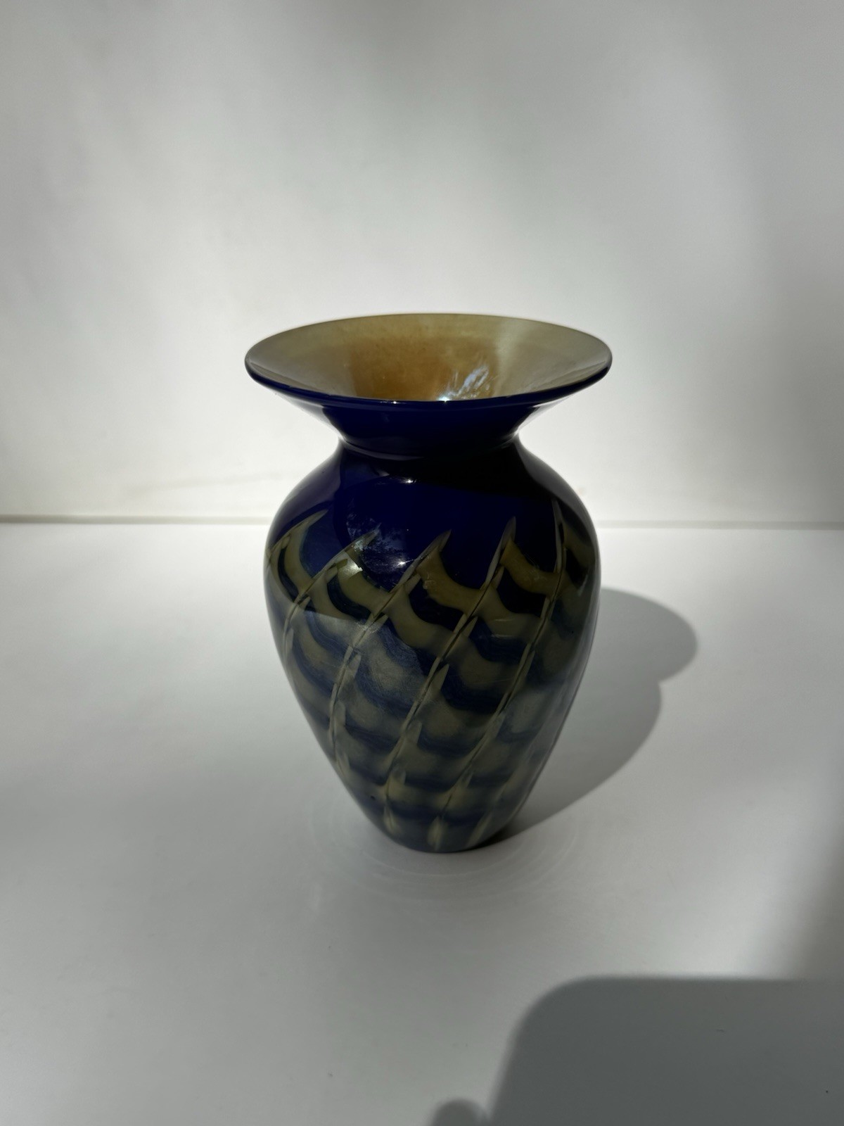 Steven Lundberg Glass Art Iridescent Weaved Basket Vase Cobalt Blue Signed