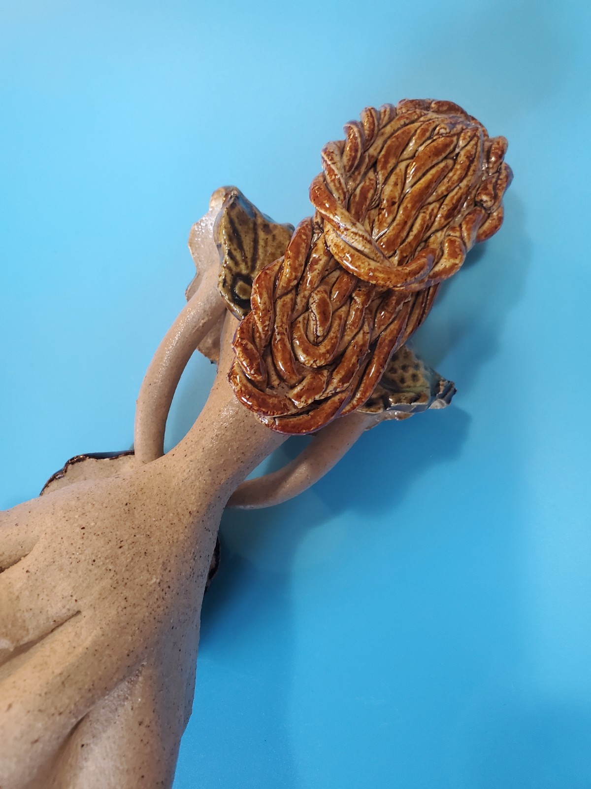 Spaghetti Hair Clay Art Pottery 9.5 Inches Tall Sculpture Woman Holding Hat