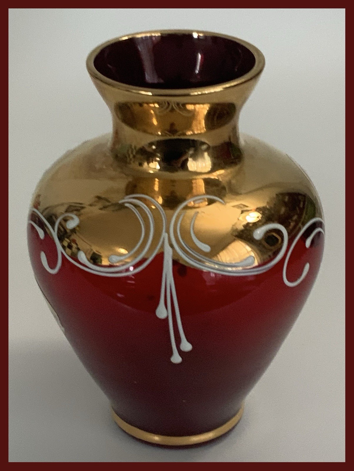 Vtg Murano Style Handpainted 5” Floral/Red/Gold Vase – Made In Italy – Beautiful