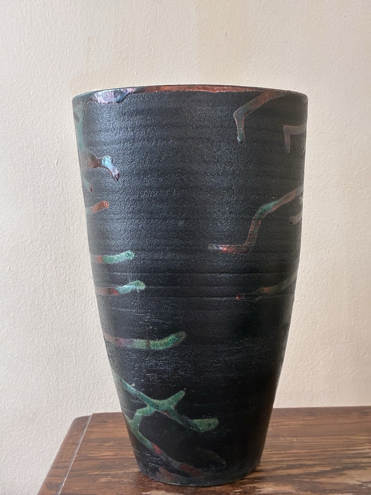 Signed Studio Crafted Ceramic Vase Green Black Copper Abstract