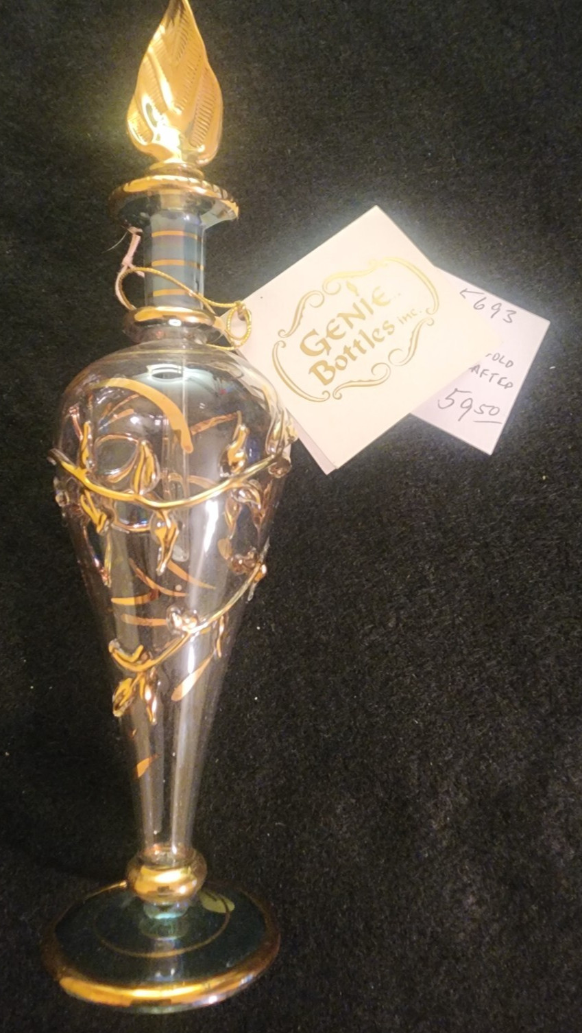 Vintage Clear Glass Genie Bottle 8″ Tall Hand Painted Gold Detail Made In Egypt