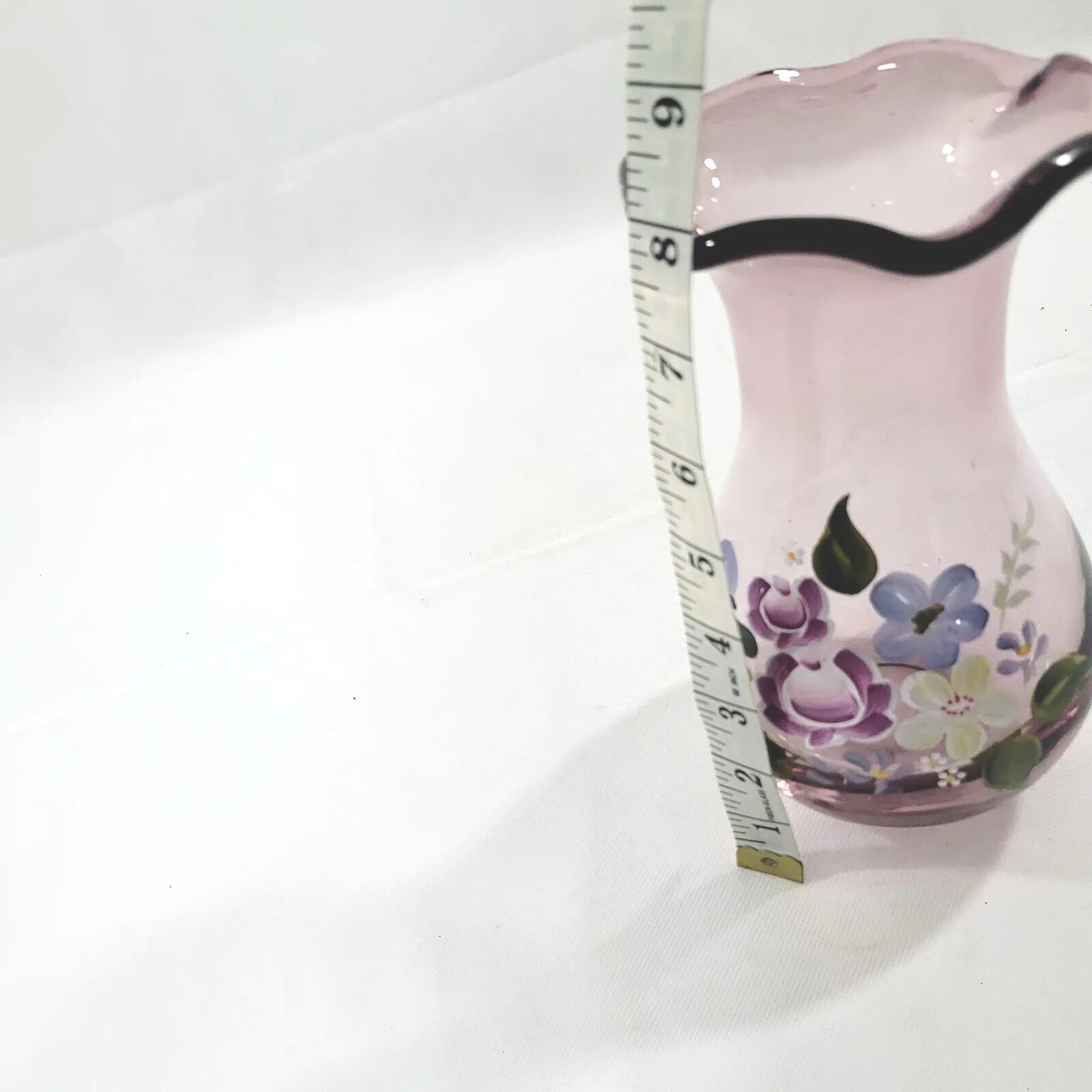 Handblown And Handpainted Translucent Pink Lavender Floral Vase unsigned