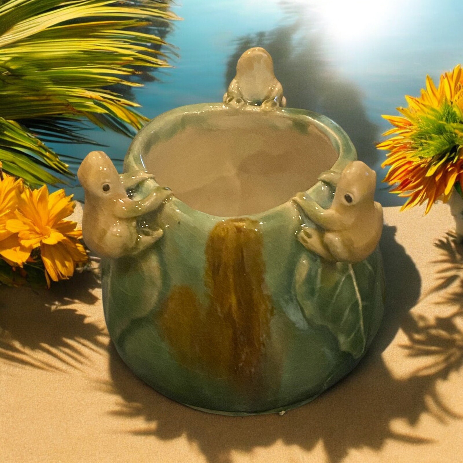 Glazed Ceramic Nature Frogs Toads Unmarked Art Blue Green Leaves 3″