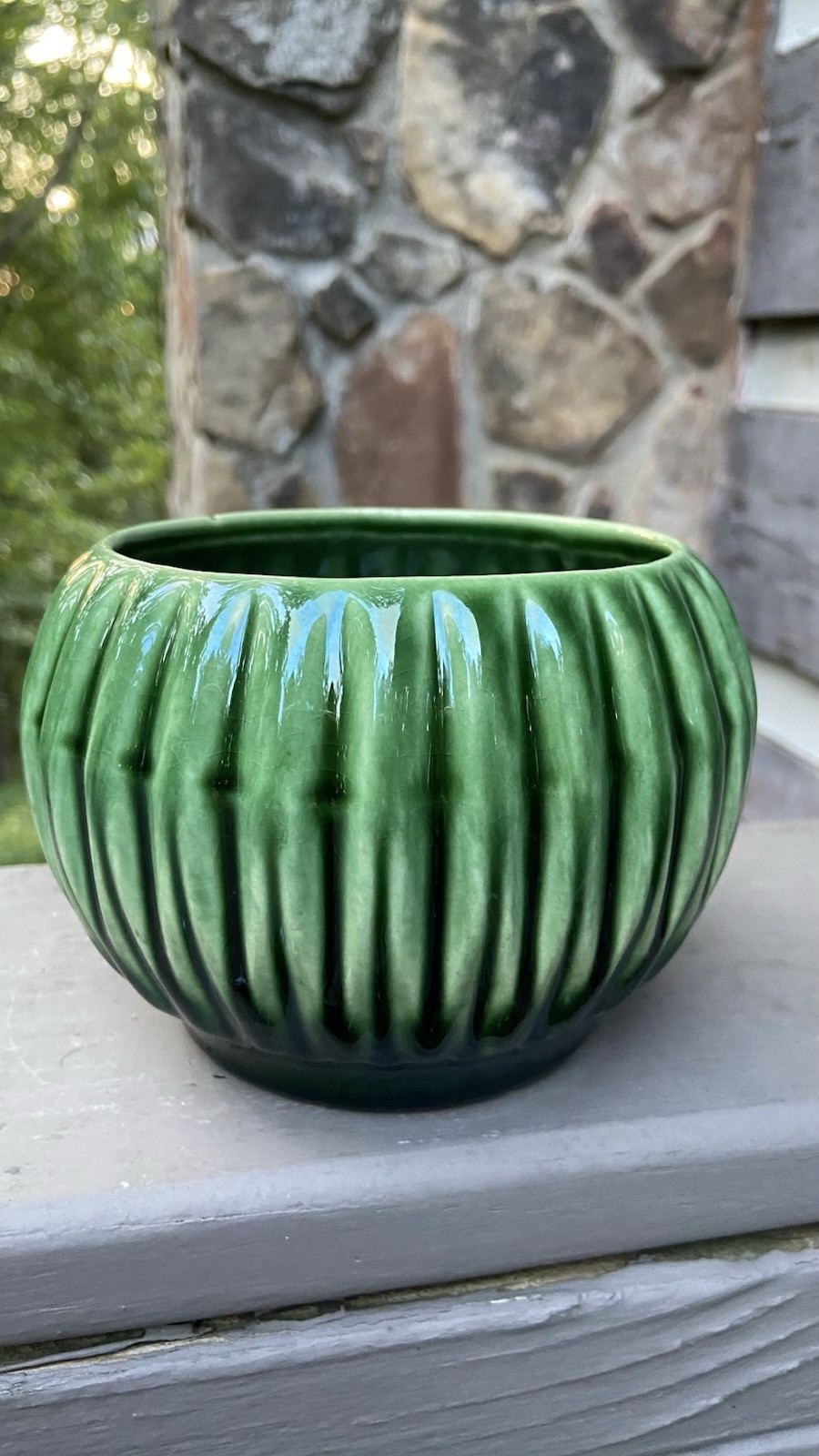 Vintage McCoy Pottery Planter Green Drip Glaze Ribbed Melon Shape MCM 3.75X5.25