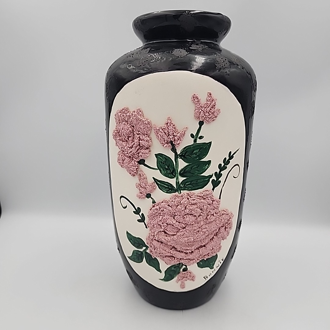 Vintage Ceramic Pottery Rose Vase Handpainted 12 inches Tall Black 3D