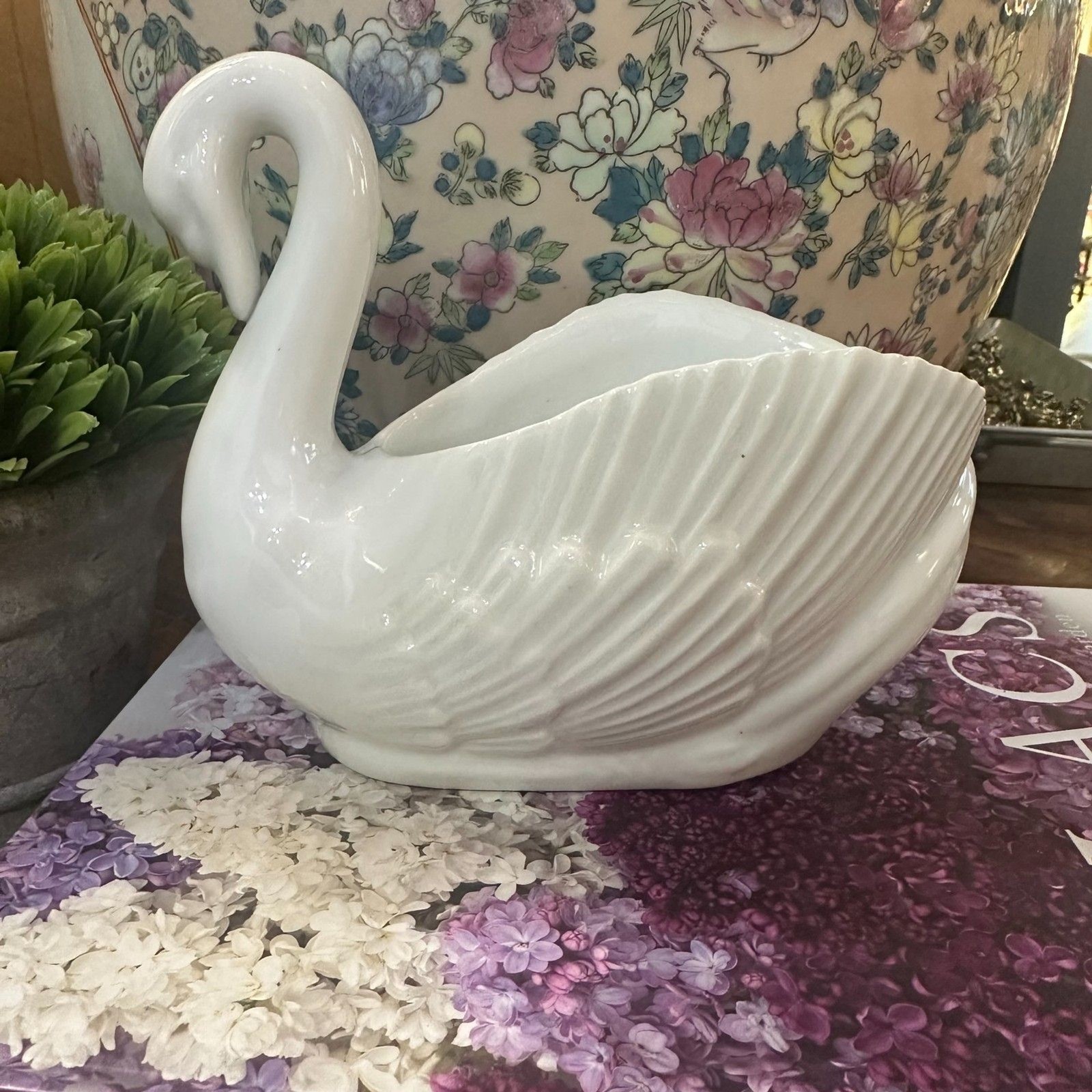Vintage White Porcelain Swan Planter, Cottage Decor Accent Vase Bowl
