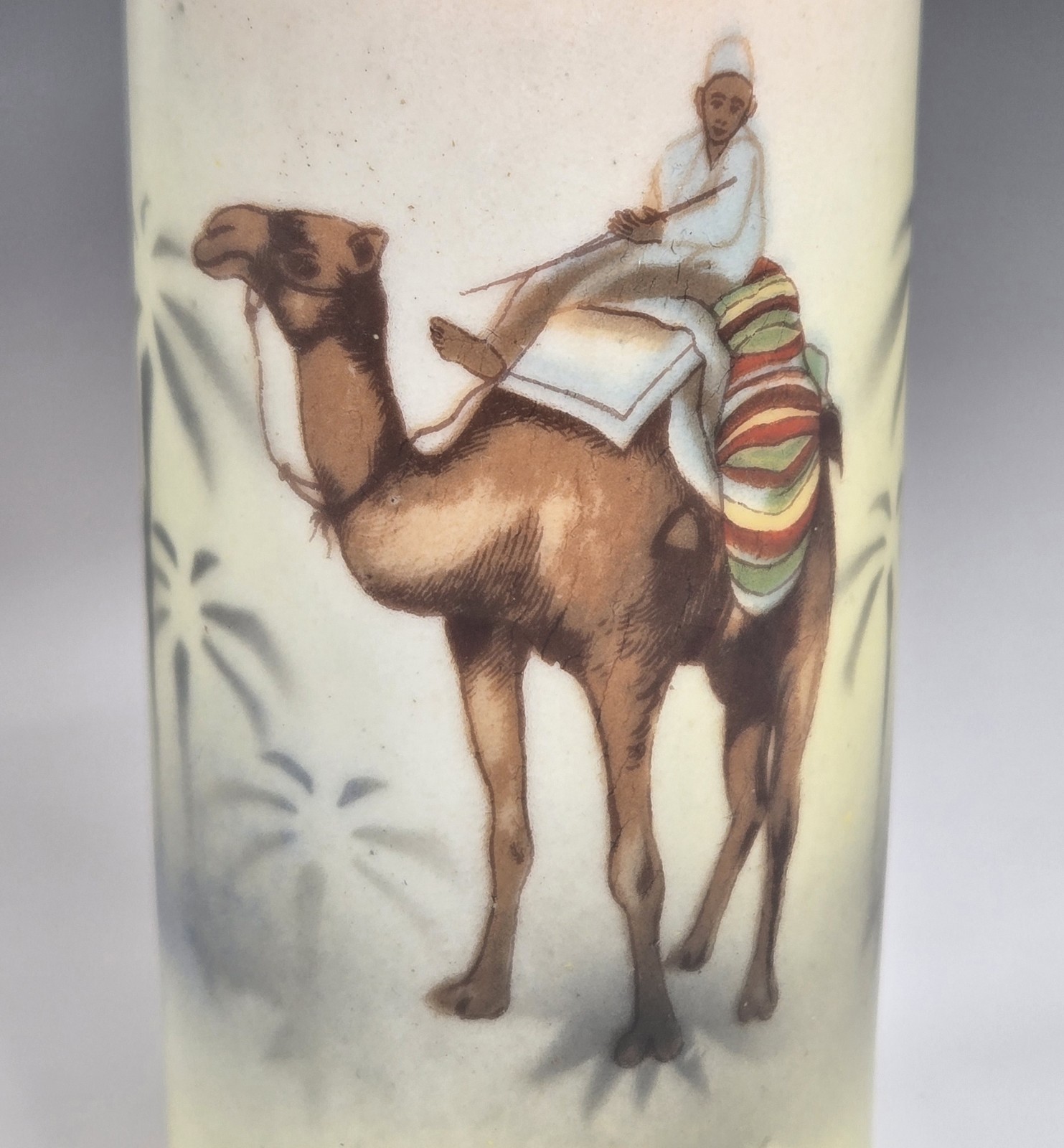 Czech Pottery Bud Vases Desert Scene Camels Hand Painted Porcelain Antique 1920s