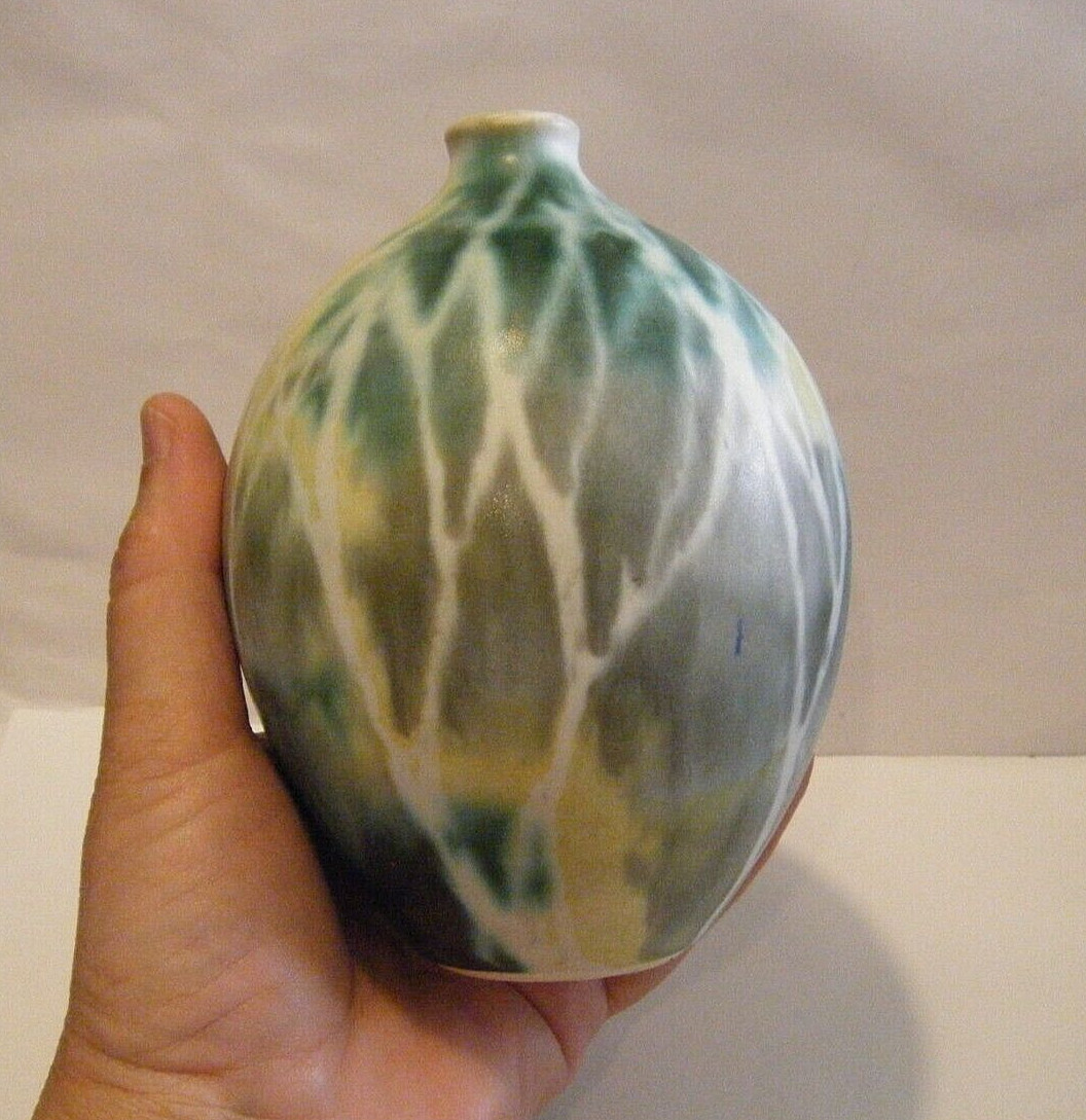 Small Bulbous Vintage Andersen Design Birch Tree Green Glazes Pottery Vase