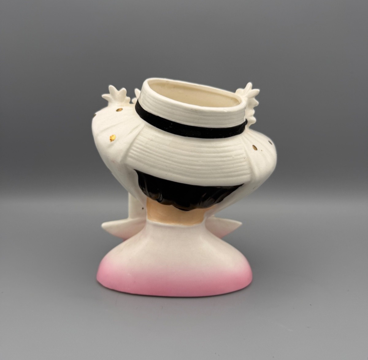 VINTAGE 1950s Relpo Pink & White Little Miss Head Vase w/ Flowers K1096