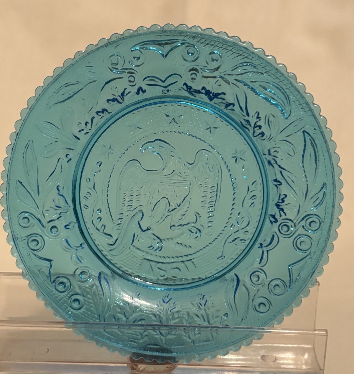 Vintage Eagle Miniature Glass Cup Plate Light Aqua Blue 3 3/8” Patriotic