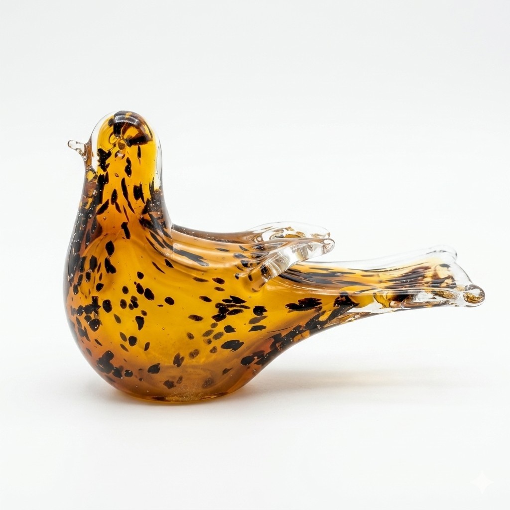 Vintage Hand-Blown Amber Art Glass Bird Figurine – Speckled Mid-Century