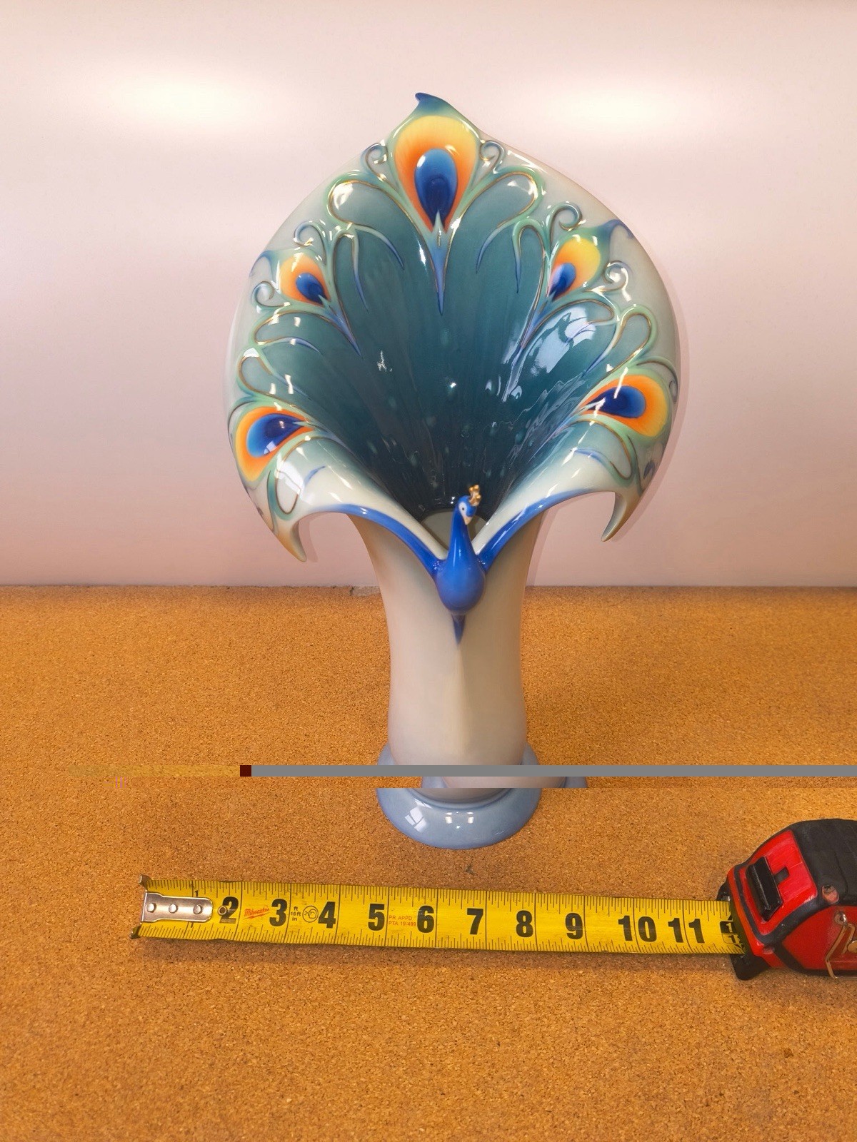 Peacock Art Glass Vase Blue White Orange Yellow Glossy Finish