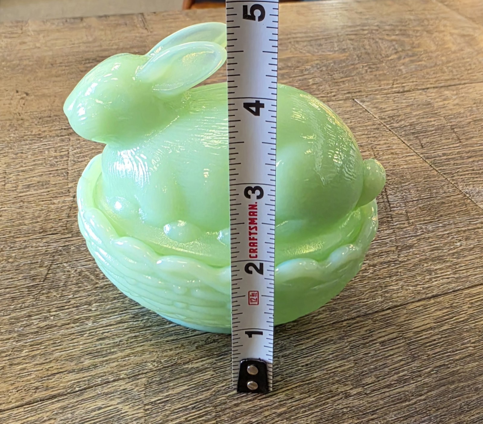 Mosser Jadeite Bunny on Basket Nest Covered Candy Dish Trinket Box Glass
