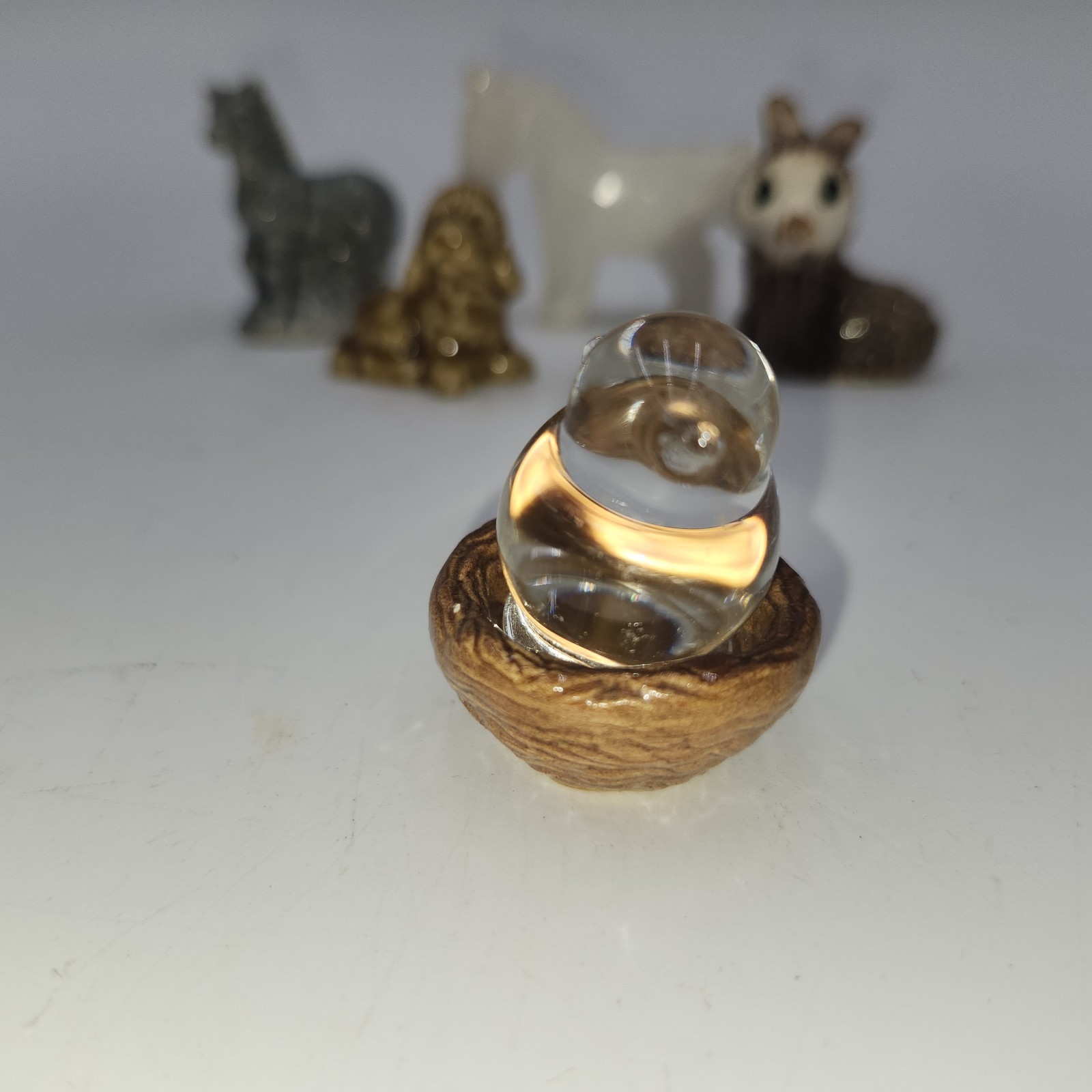 Glass Bird On ceramic nest vintage miniature figurine mini