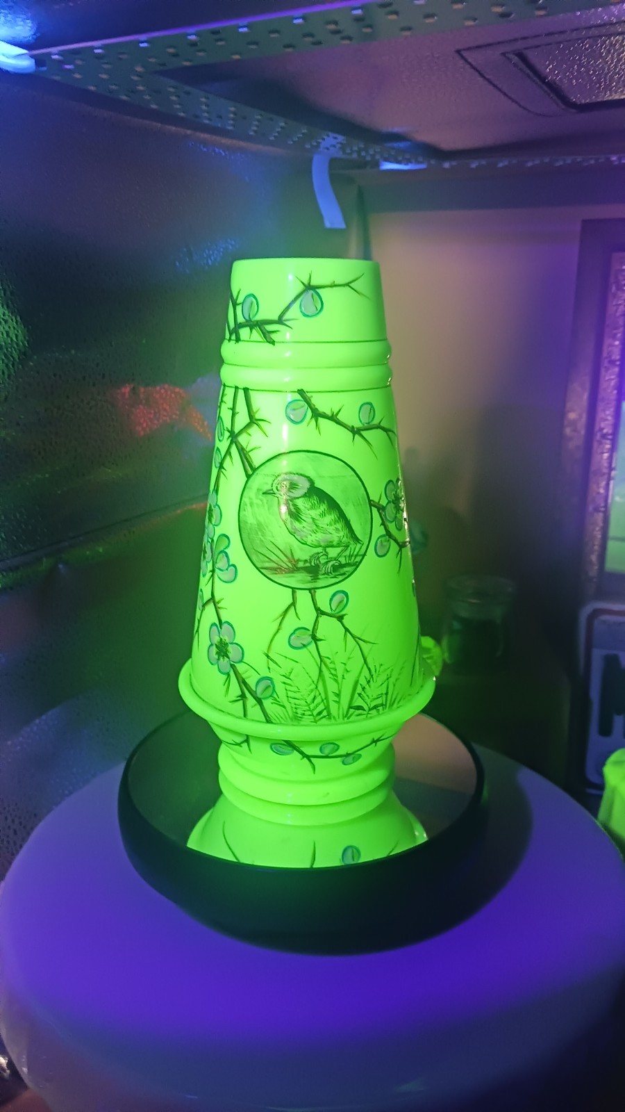 Mt Washington Smith Bros Opalware URANIUM Glass Paint Bird & Blossom Vase
