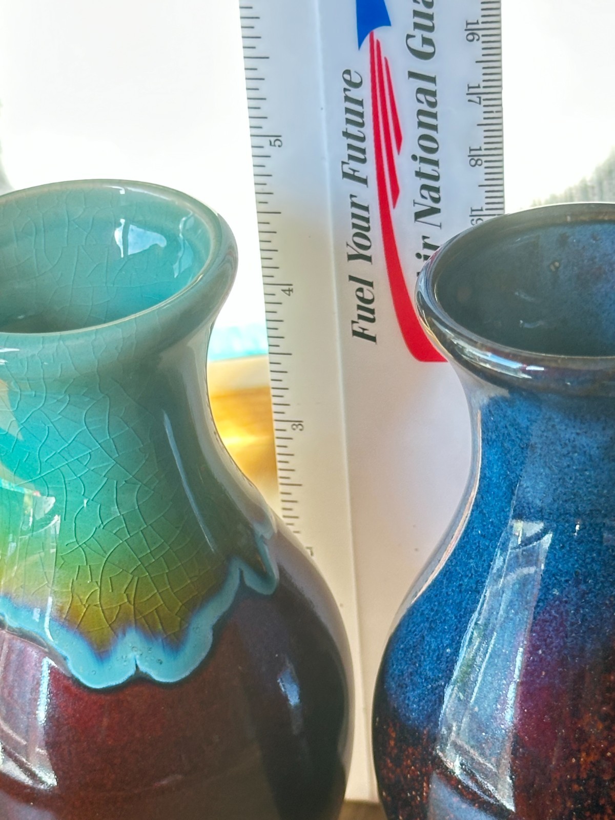 Set of 2 – Vintage Pottery Vase, Teal/Brown/Green Crackle & Blue/Brown 4.5″ Tall