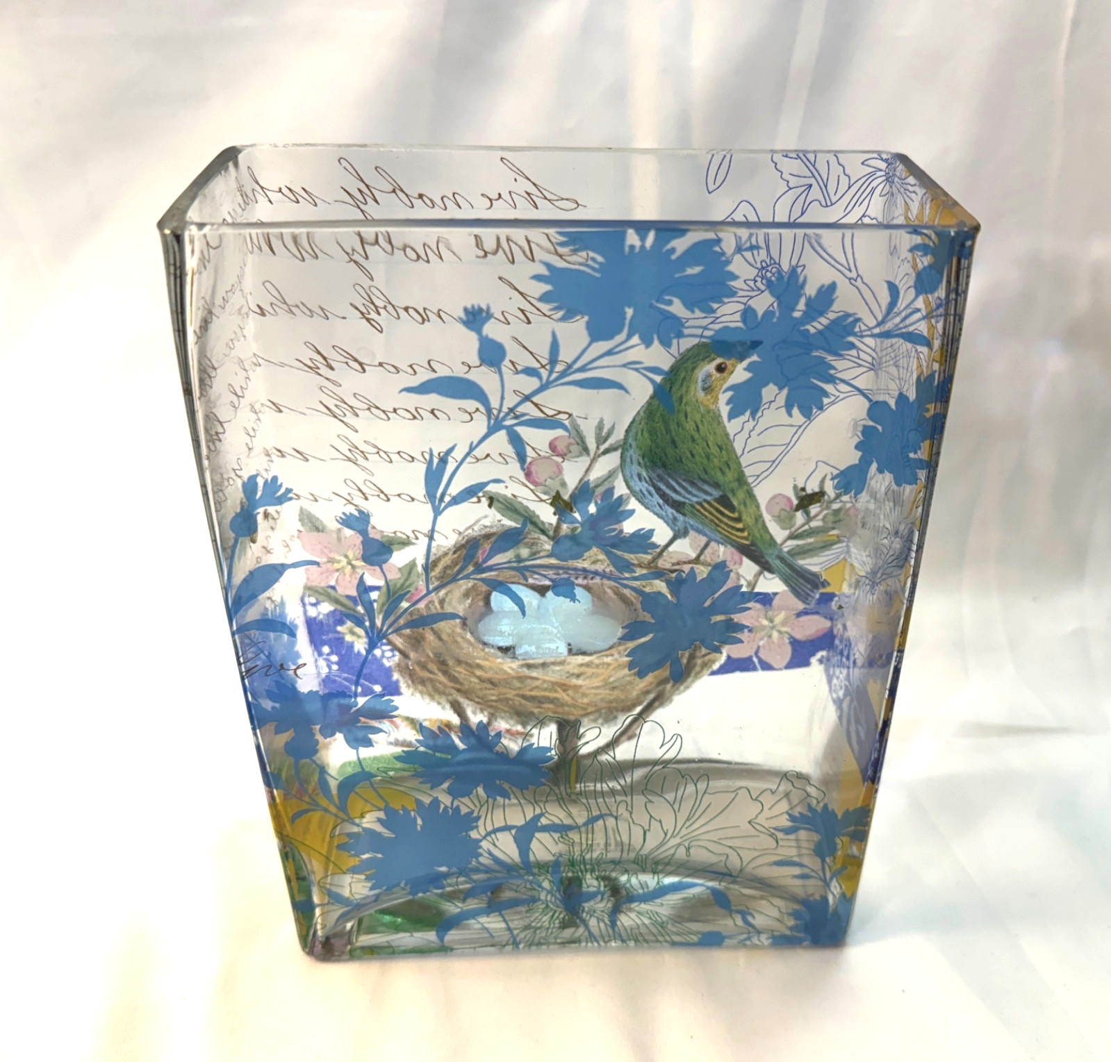 Vintage Art Glass Vase w Painting of Bird & Nest and Calligraphy. Fringe Studio