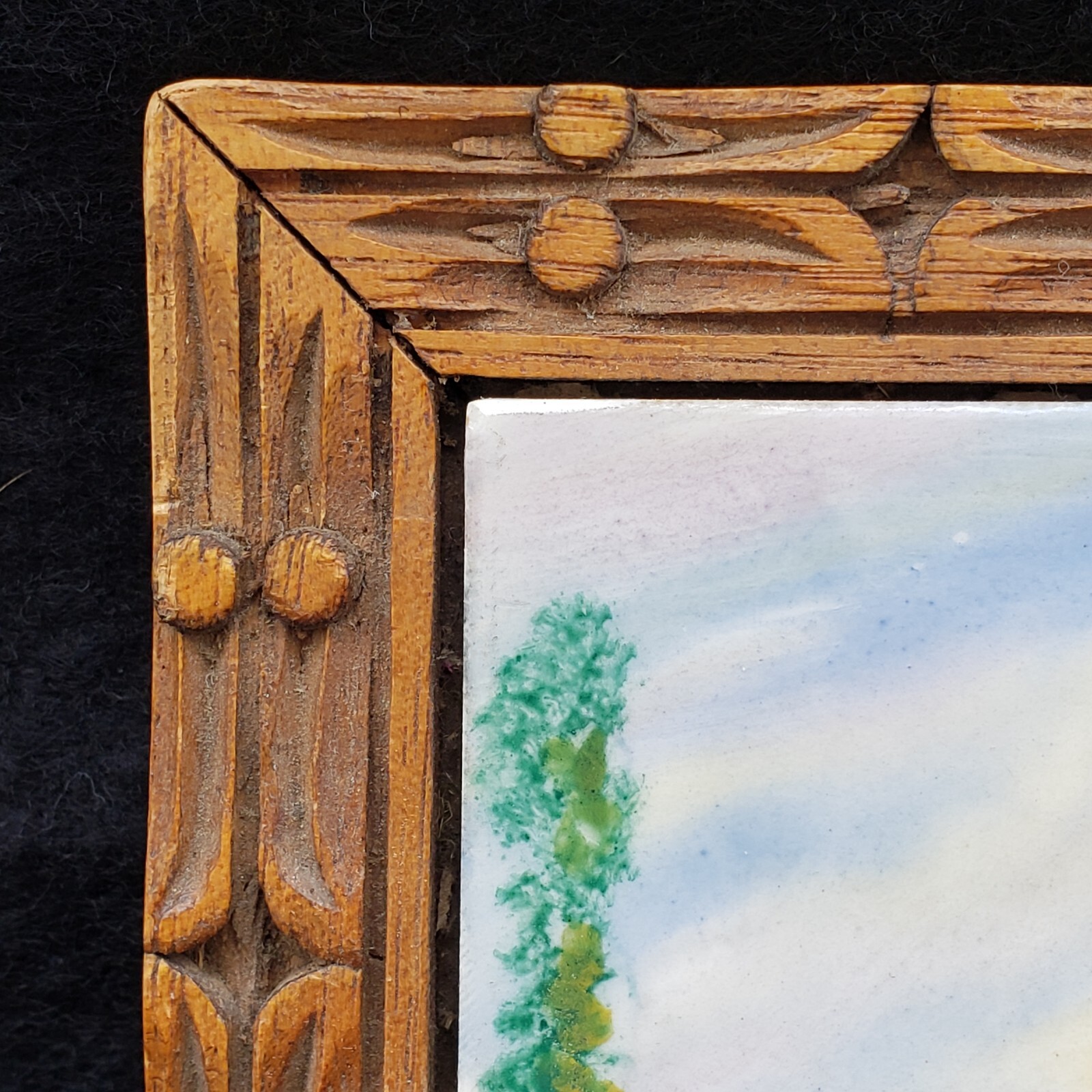 Mexico Scene Ceramic Tile Wood Frame Hand Painted Signed as Mexico 7⅜” Vintage
