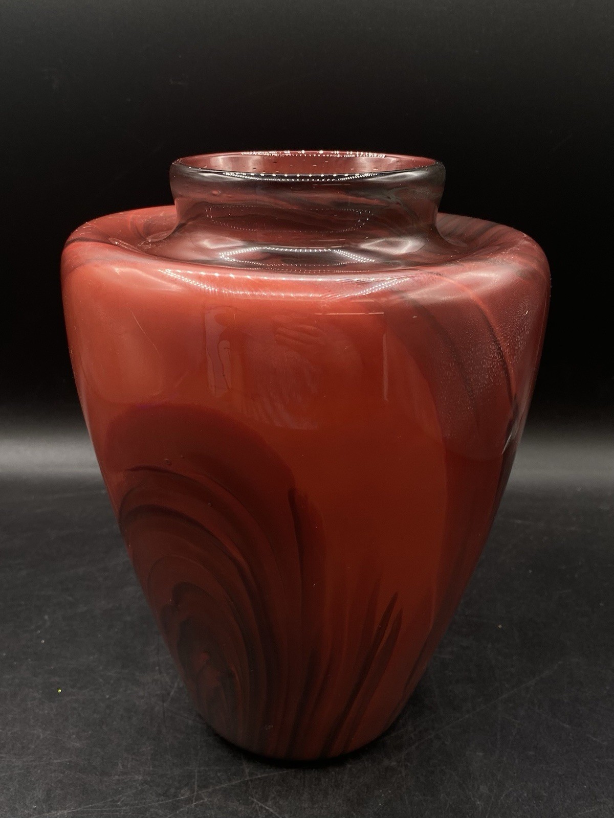 2005 Art Glass Artist Signed Dayne L Large Red Swirl Vase Vintage 8.5”