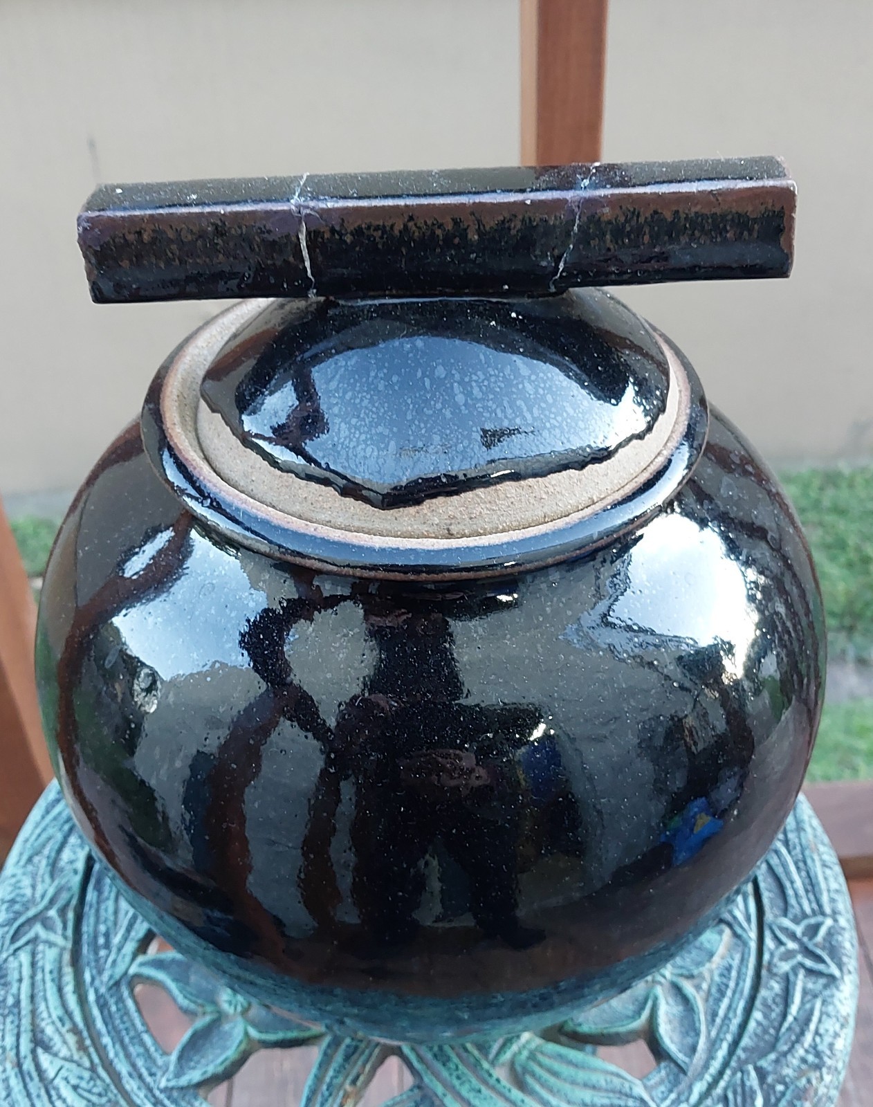 Tenmoku Glazed Stoneware Lidded Ginger Jar/ Urn . Artist Signed