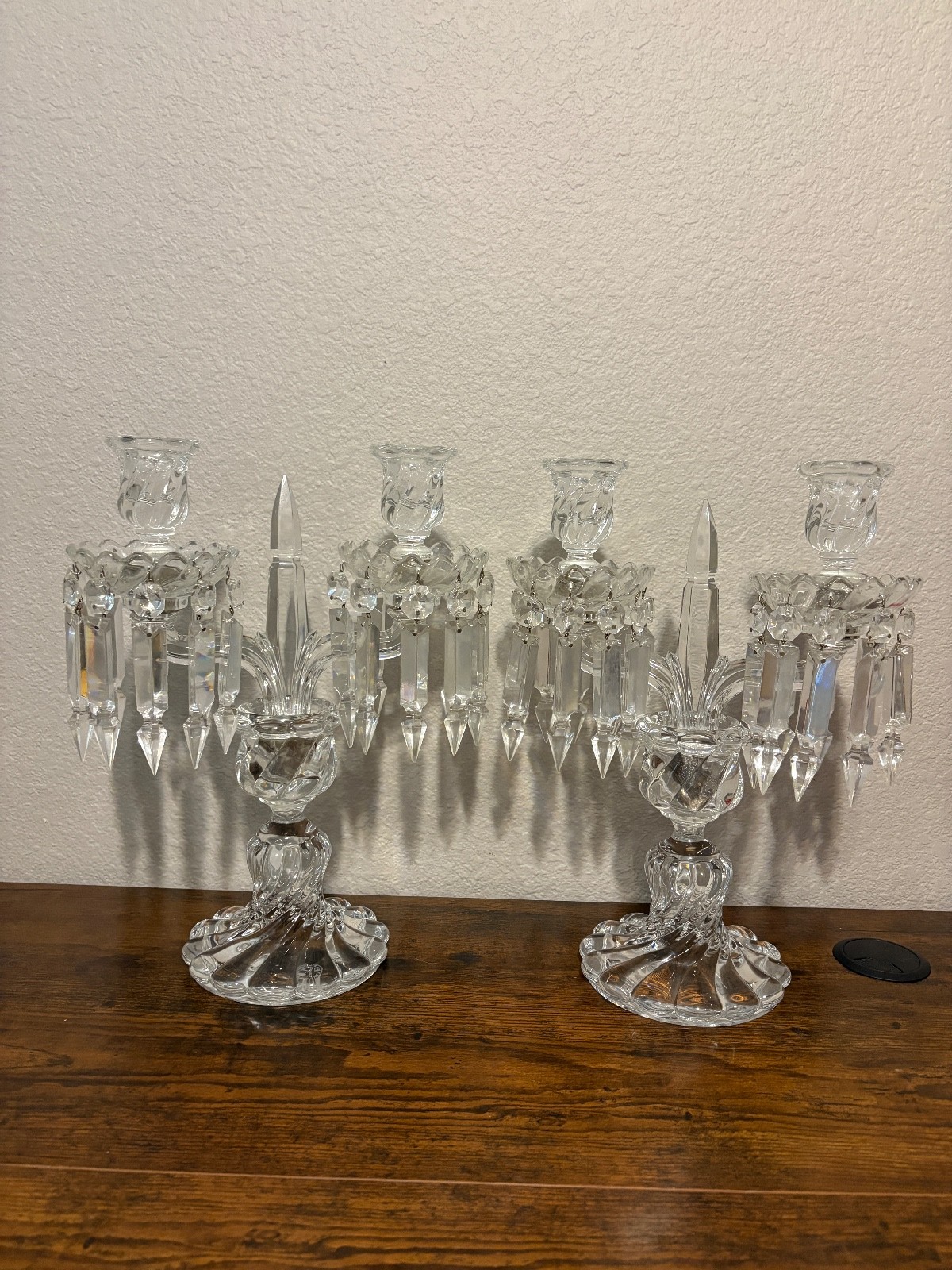 PAIR Of Baccarat Crystal 12.5″H Bambous Pattern 2 Light Candelabras