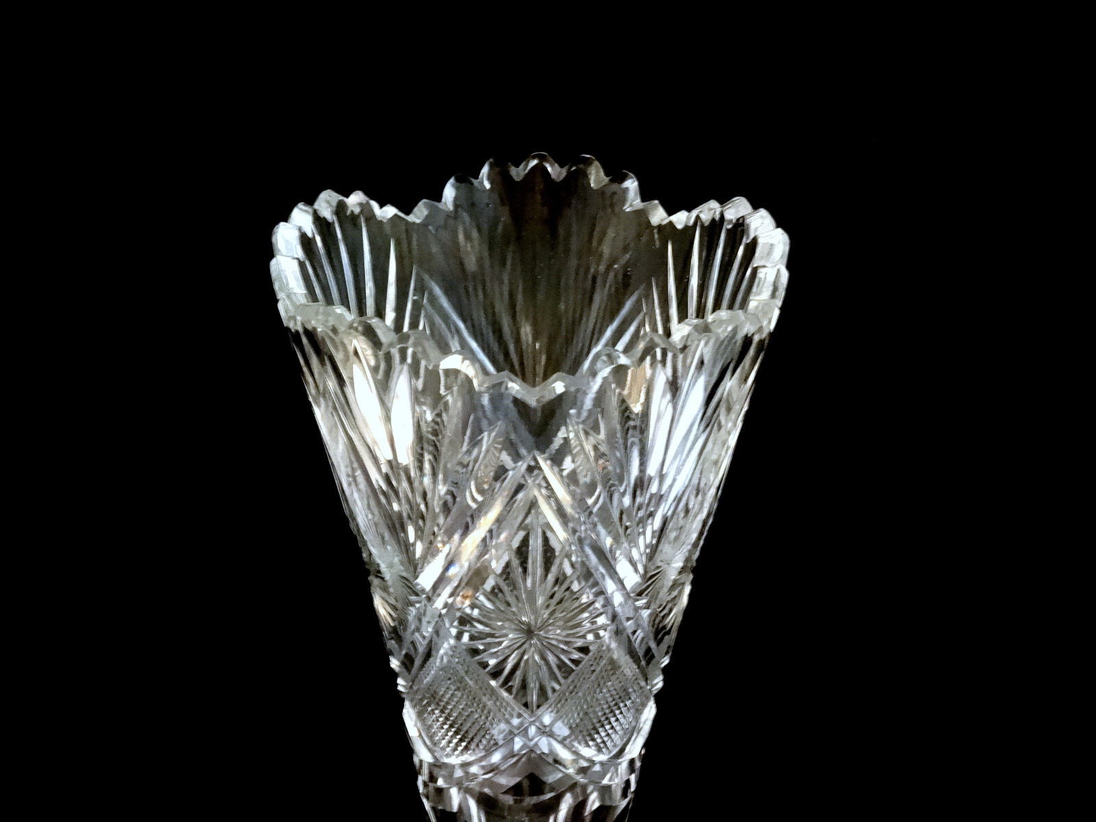American Brilliant ABP Large 14″ Cut Glass Trumpet Vase Sawtooth Rim