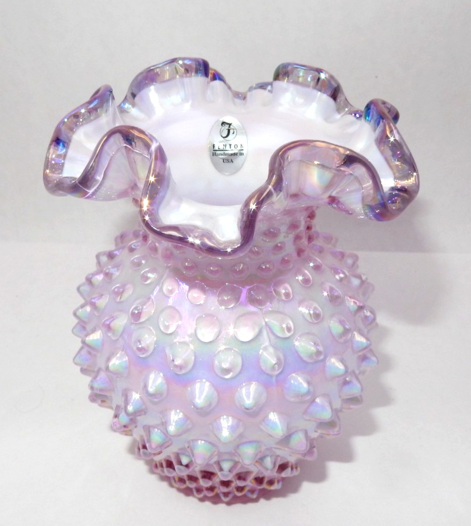 FENTON HOBNAIL VIOLET OPALESCENT IRIDIZED RUFFLED EDGE 5-3/4″ VASE CHIFFON PINK