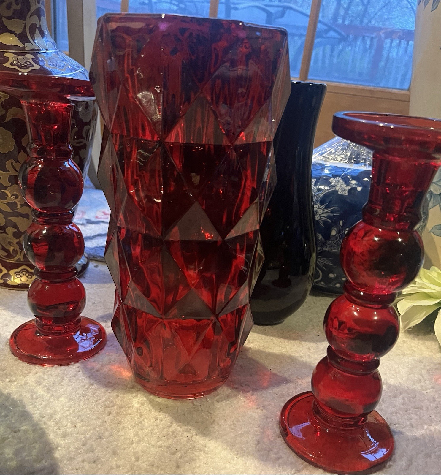 Ruby Red Ribbed Diamond Pattern Crystal Glass Vase Heavy Elegant Quality .