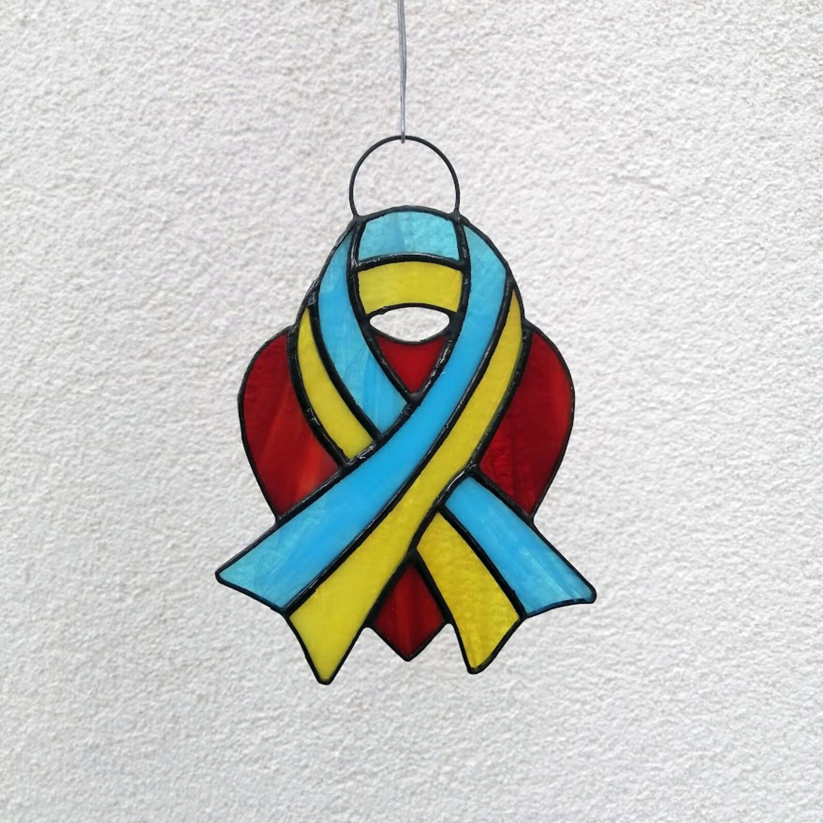 Ukraine Flag Ribbon Red Heart Stained Glass Suncatcher – Ukrainian Window Panel