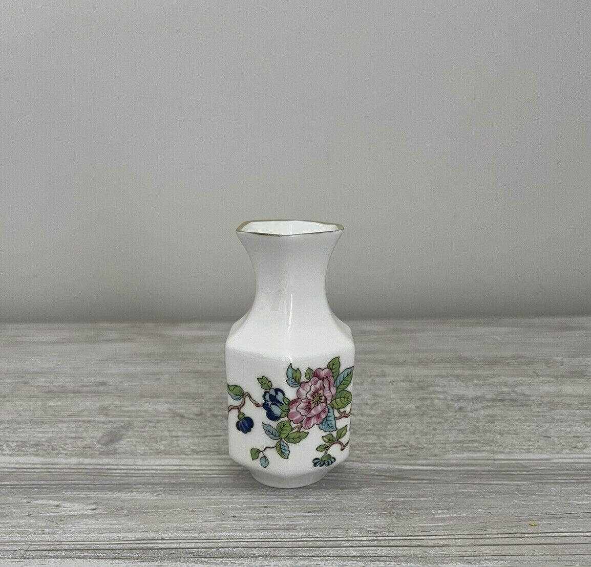 Aynsley Bone China Miniature Hexagonal Vase Bird And Floral Made in England 3.5″