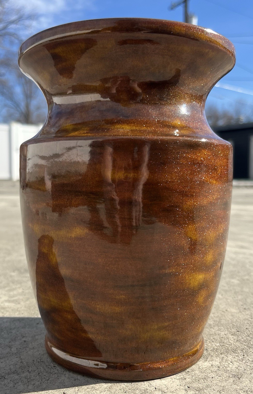 VTG 73’ Ceramic Art Glass Vase Handmade Glittery Warm Autumnal Tones 7.5”