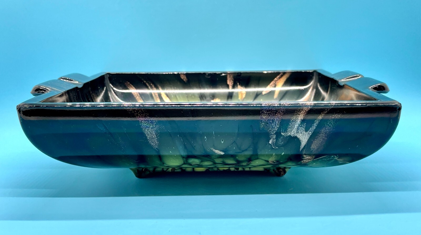 Vtg Murano Vincenzo Nason Weil Ashtray Glass Black Gold Green Aventurine 8″ Nice