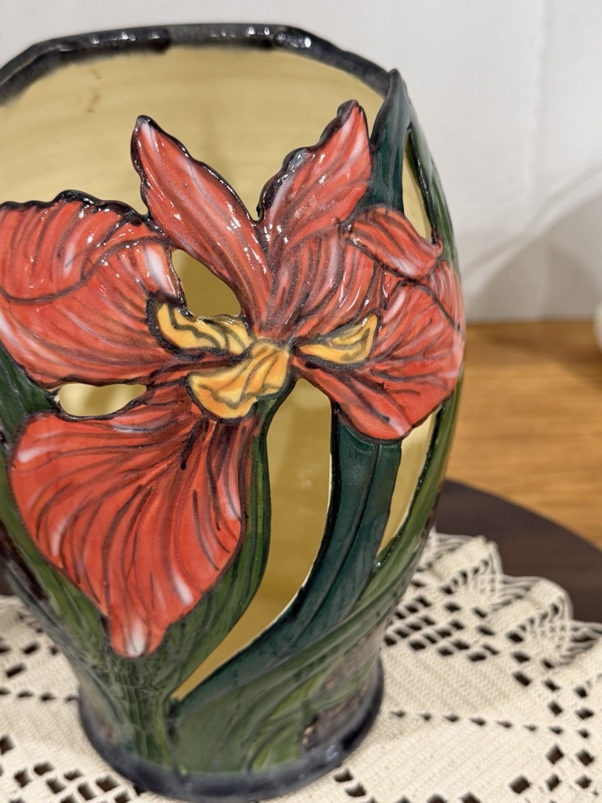 VTG Red Iris Reticulated Vase Arts & Crafts Revival Style Pottery