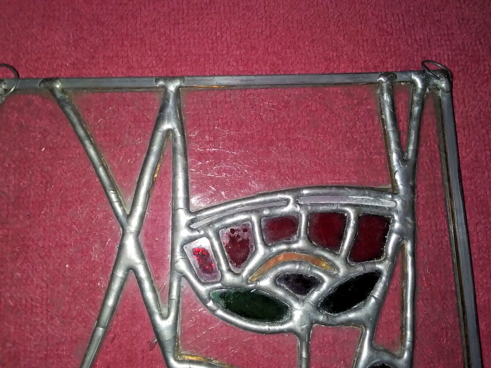 Abstract Rose Leaded and Etched Stained Glass Panel 10 x 6 inches