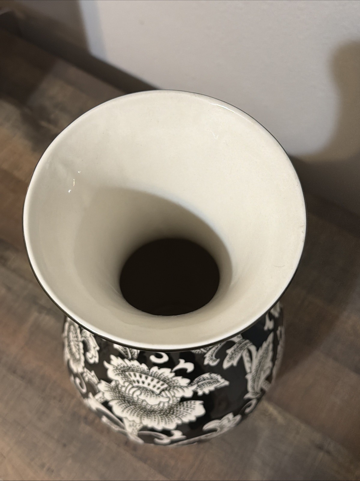 Vintage Black & White Floral Lotus Chinese Large 16″ Tall Vase Porcelain