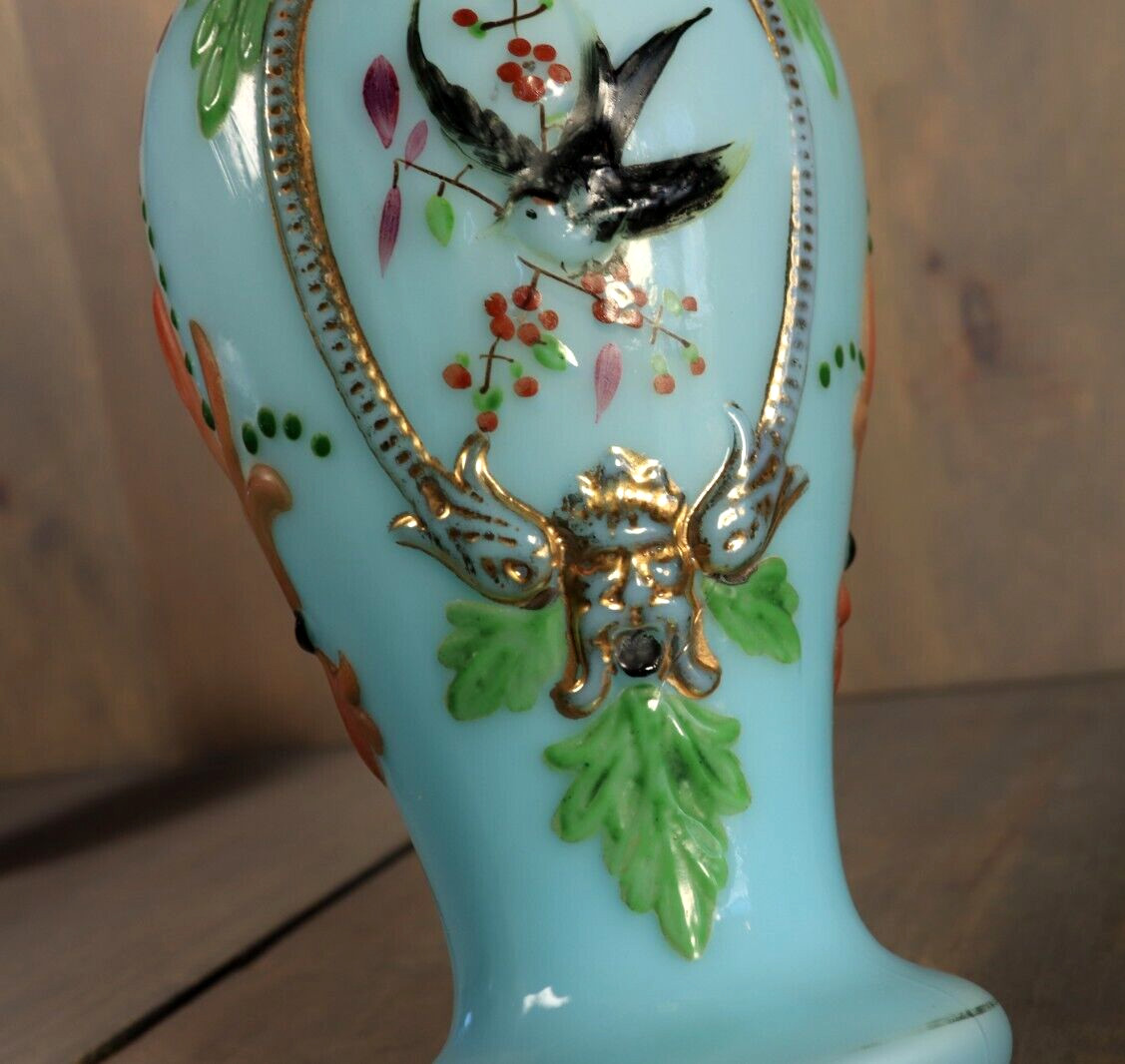 Antique French Blue Opaline Vase Glass Enameled Bird Victorian -Ships DDP to USA