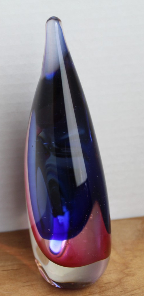 Art Glass Paperweight Red Blue Clear Teardrop 6.5” Tall