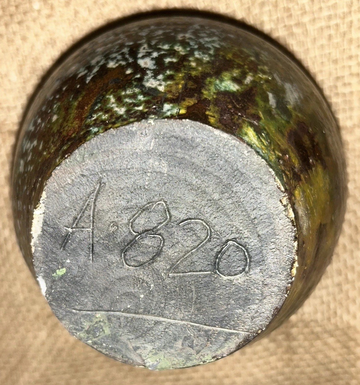 Original Raku Green Metallic Planter/ Pot/Vase 4”T 4 1/8”Diam Top Signed A820