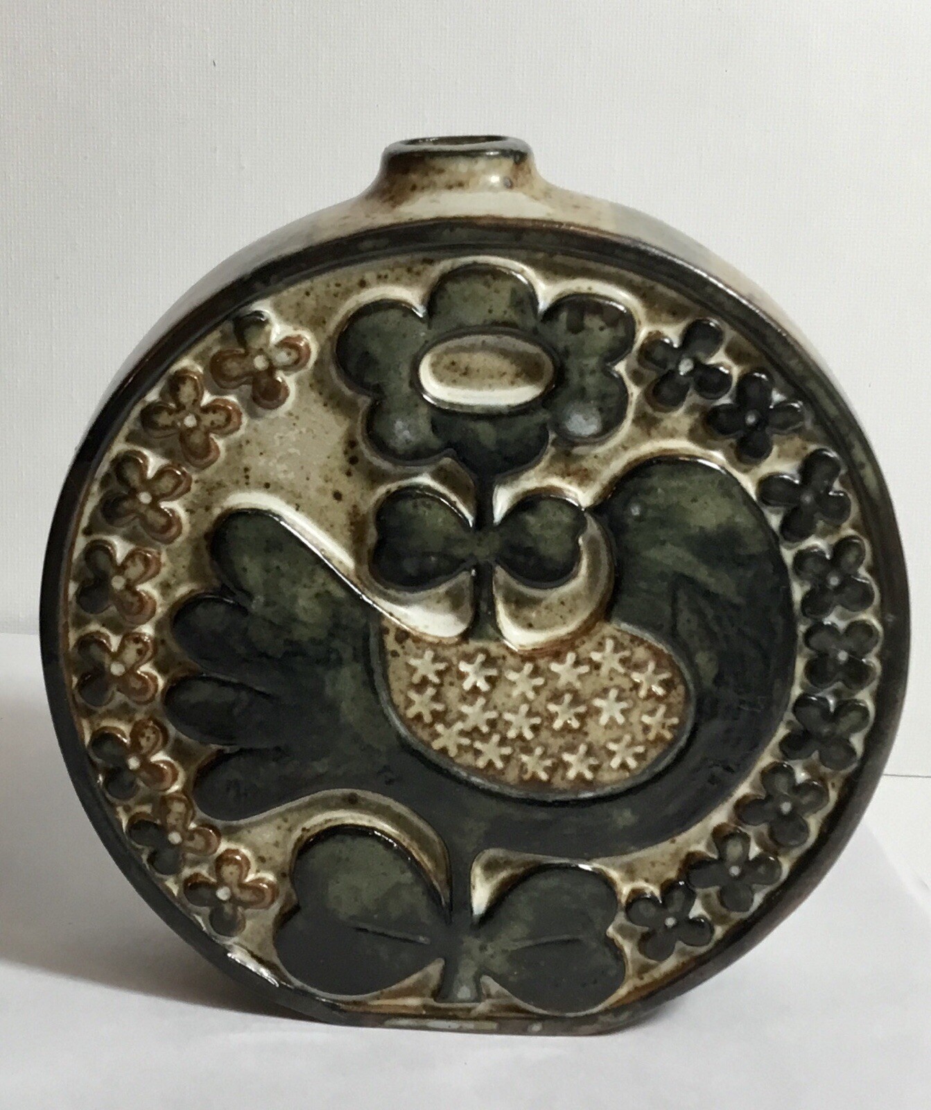 Mid 20th Century Vintage Floral Peace Dove Round Pottery Vase  1960s