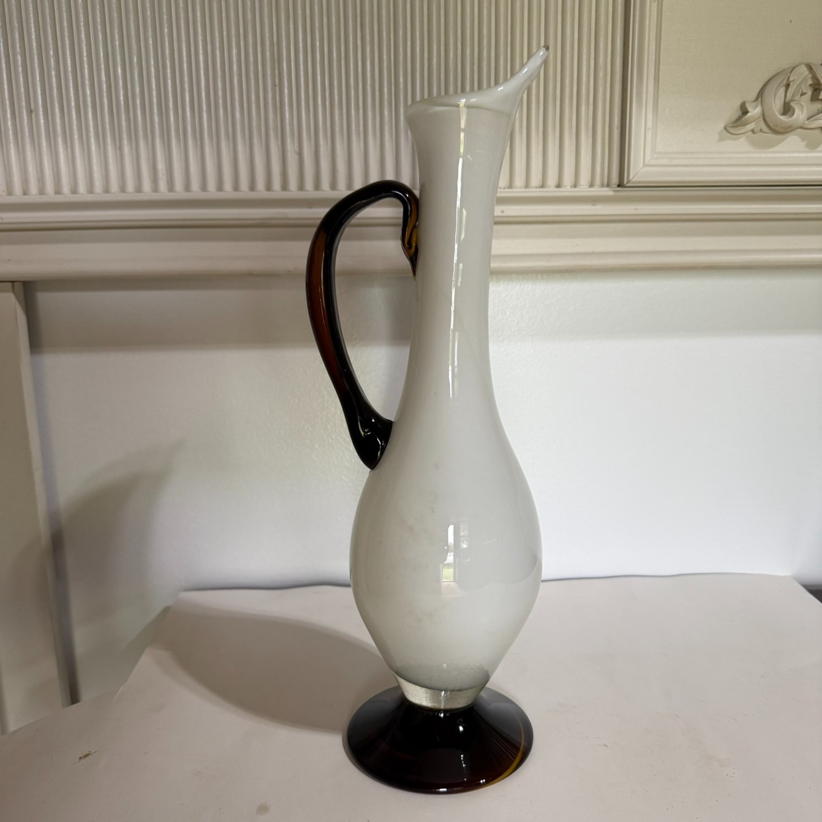 Vtg 16” Cristales de Chihuahua Mexico Opaline Art Glass Ewer Pitcher MCM White