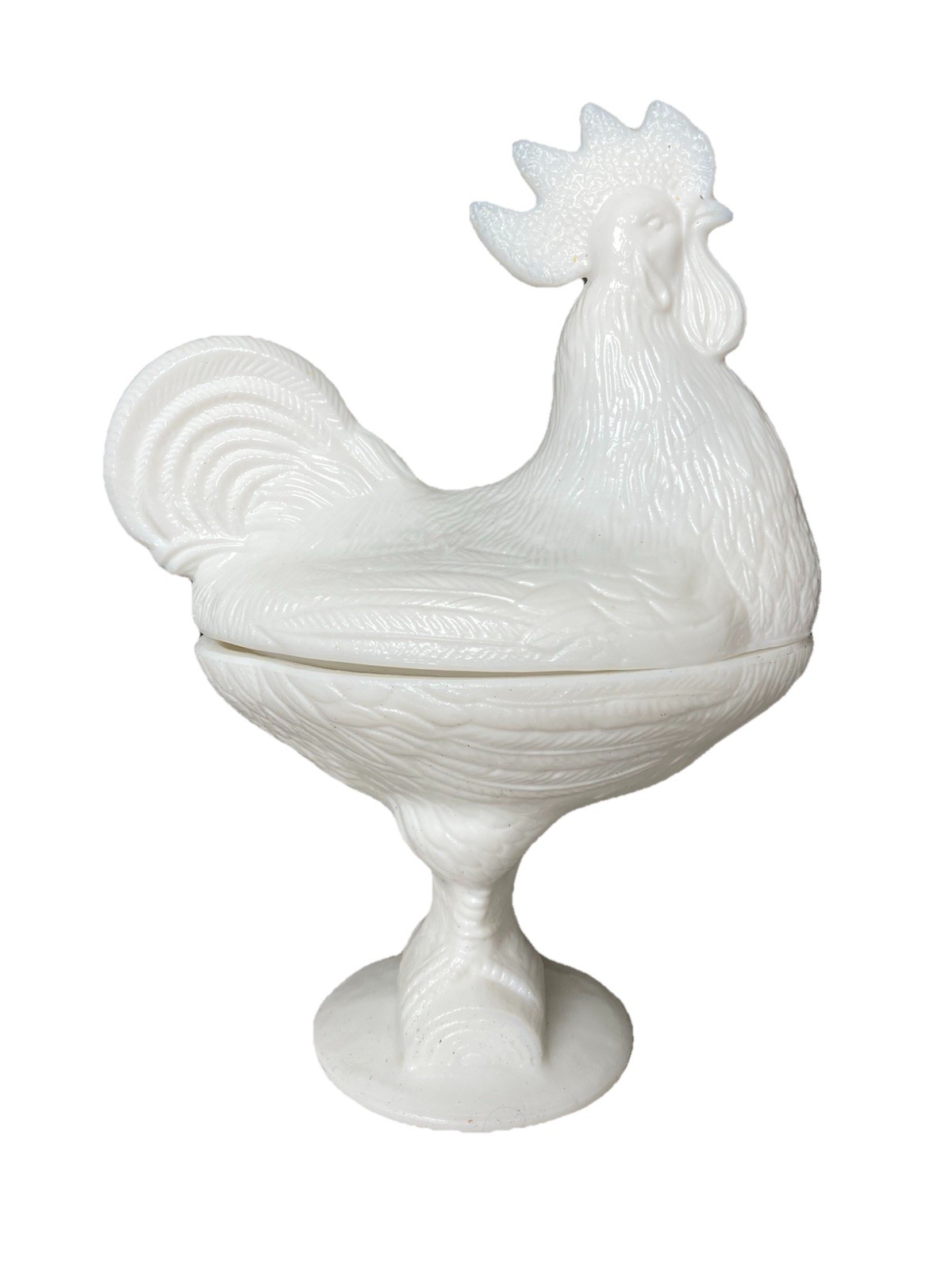 Kanawha White Milk Glass Rooster Covered Dish 9”