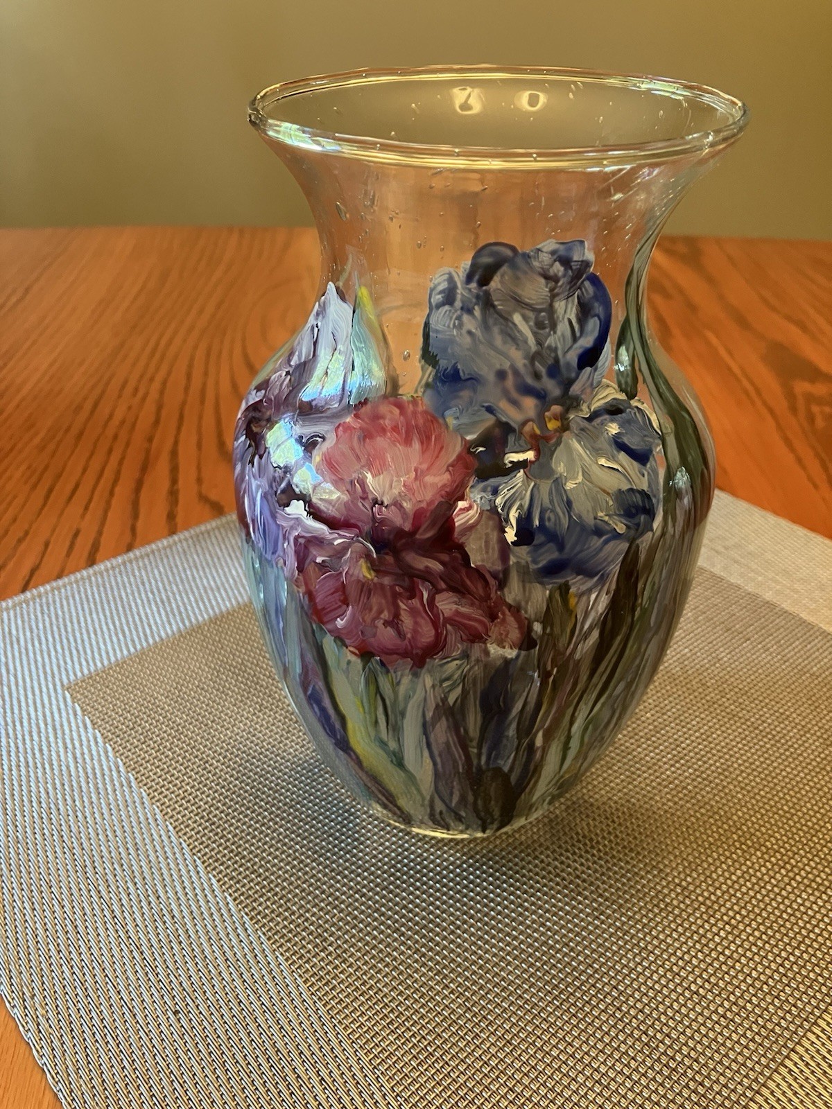 Mary Wolf Floral Impressionist Style Hand Painted Glass Vase Vintage Signed 8”