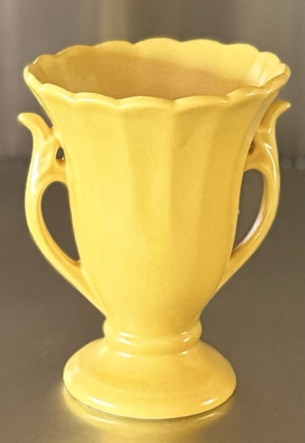 Vintage Daffodil Yellow Ceramic Pottery Trophy Shaped Vase w/ Handles