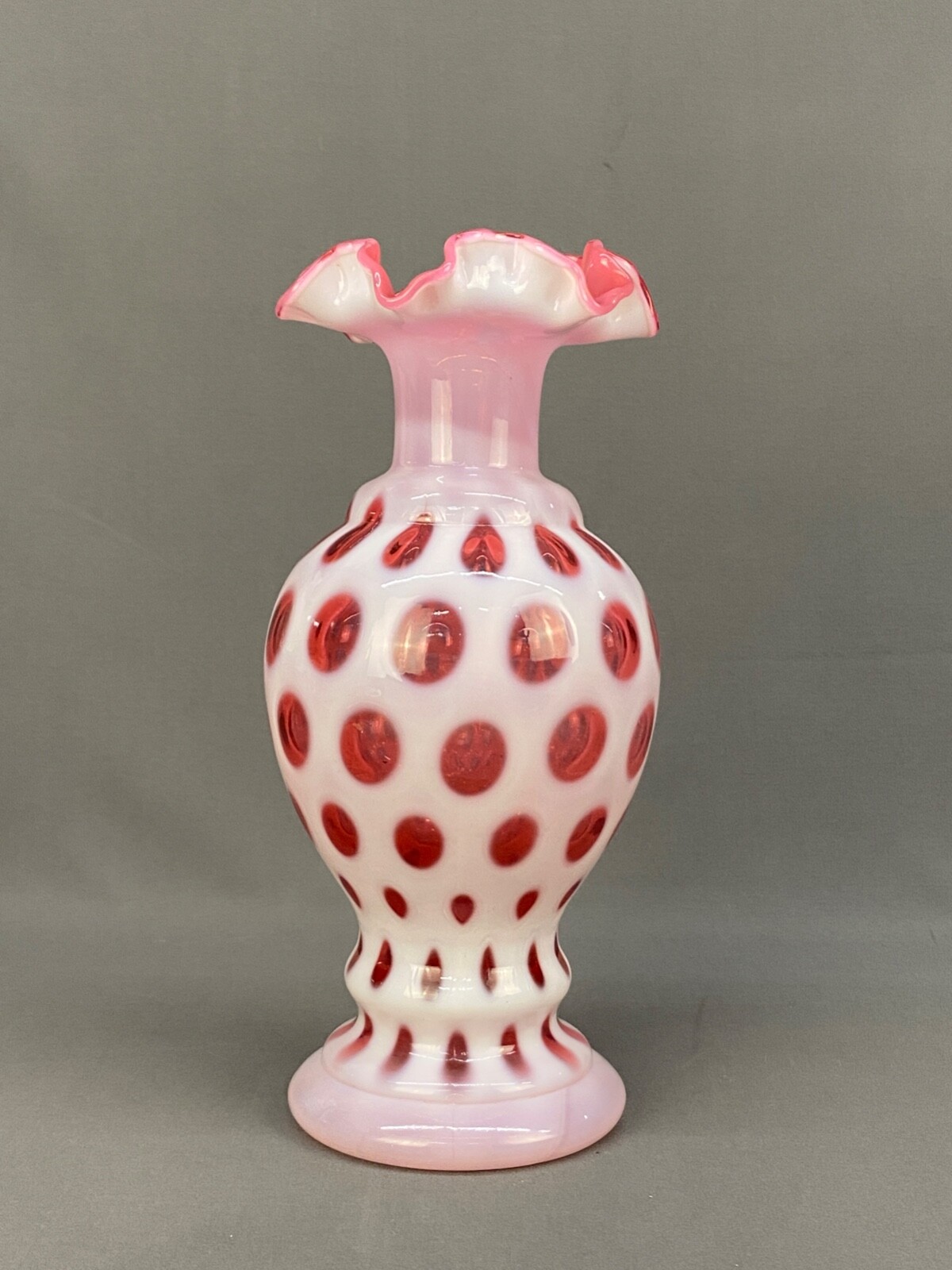 Vtg 10 3/4″ Cranberry Opalescent Coin Dot / Spot Ruffled Top Vase