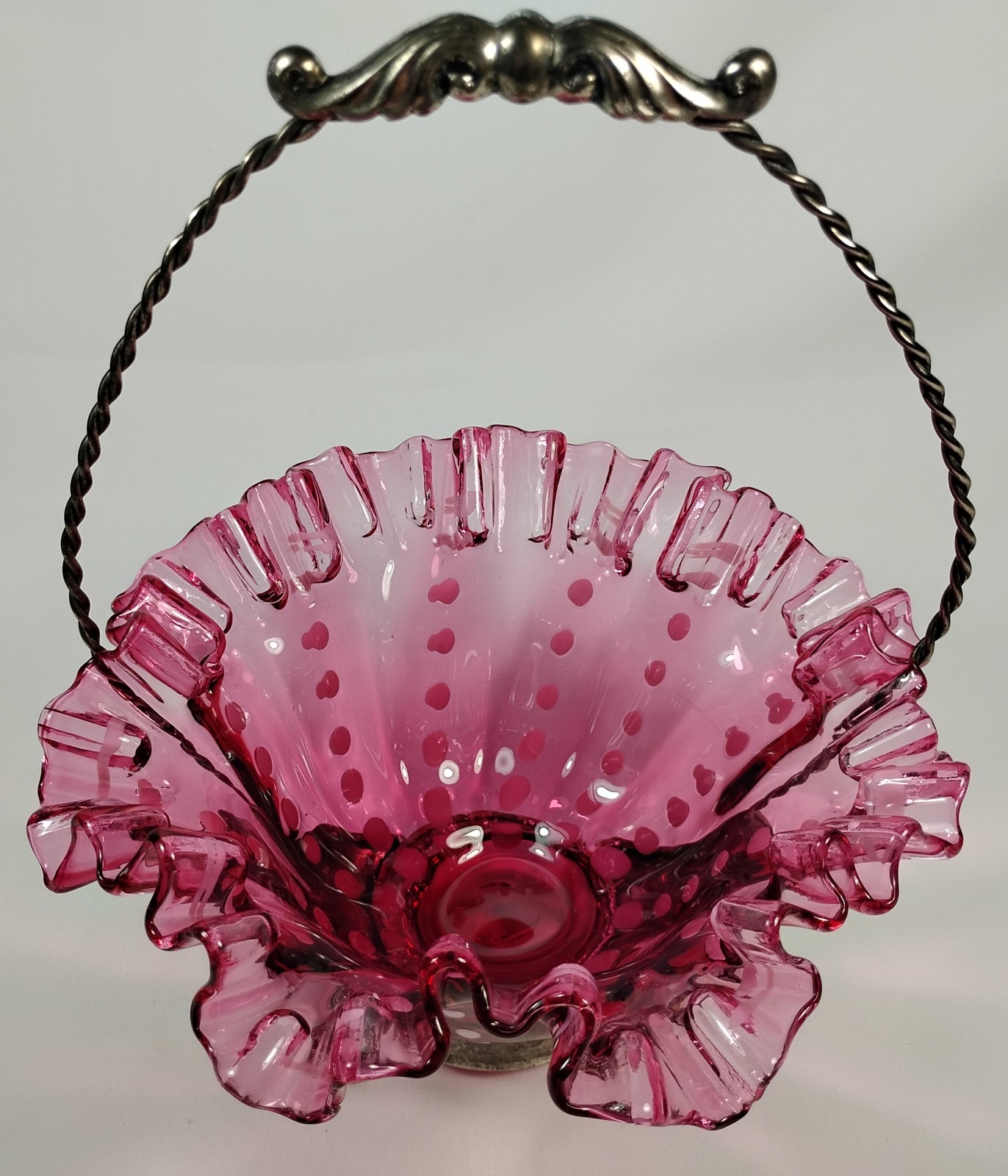 Cranberry Opalescent Polka Dot Blown Glass Basket Silver Plate Holder Ruffled